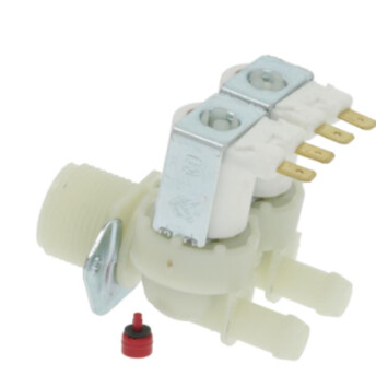 Horeca Parts - Elektrozawór 2-drożny prosty 220/240V 50/60Hz - max. temperatura 90°C wlot 3/4" - dwa wyloty ø 10,5 mm 1 wylot z czerwonym regulatorem 0,25 l/min - zmywarki gastronomiczne Zanussi