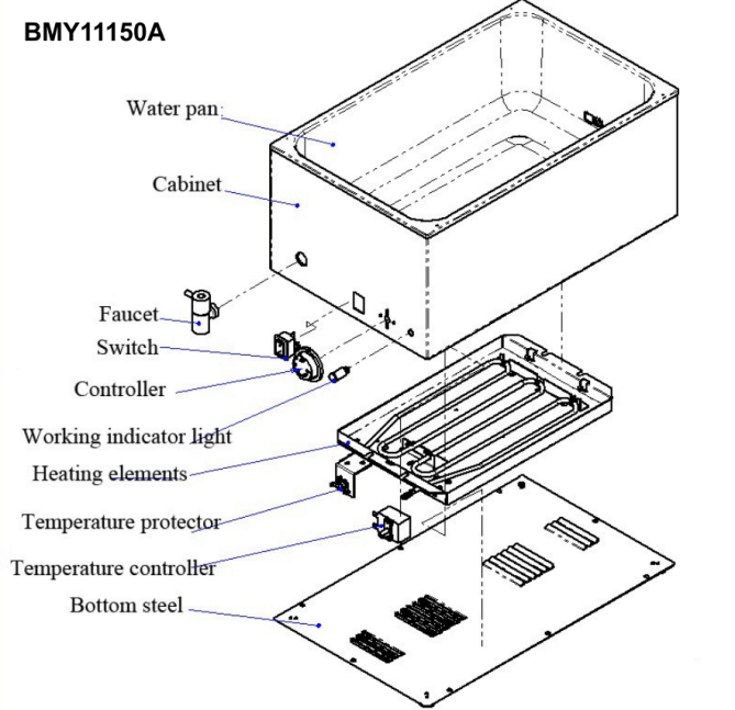 Horeca Parts - Bemar wodny elektryczny - nastawny - 1,2kW - 1x GN 1/1 o wysokości 150mm - z zaworem spustowym - GGM Gastro