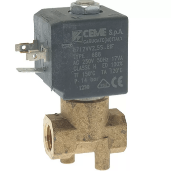 Horeca Parts - Elektrozawór 2-drogowy 1/4"F 230V 17VA FKM uszczelka, otwór 2.5 mm, ciśnienie do 14 bar, temp. -10°C do +140°C - Ceme