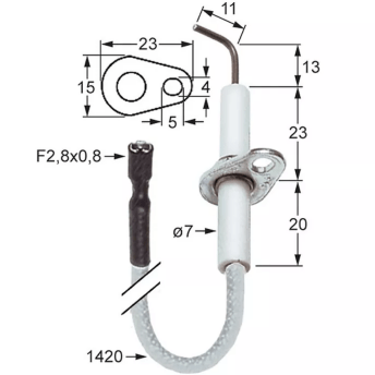 Horeca Parts - Elektroda zapłonowa L1 13mm L2 11mm z przyłączem kołnierzowym F 2,8x0,8mm długość przewodu 1420mm - Piec konwekcyjny Tornati Forni (3020223)