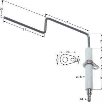 Horeca Parts - Elektroda zapłonowa L1 24mm L2 71mm L3 27mm L4 61mm z kołnierzem D1 ø 9,5mm długość kołnierza 24mm - Kuchenka garnkowa gazowa Zanussi (3020244)