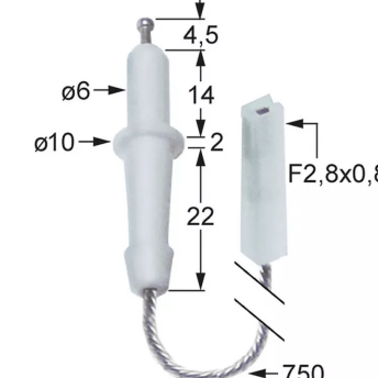 Horeca Parts - Elektroda zapłonowa L1 4,5mm przyłącze F 2,8x0,8mm długość przewodu 750mm D1 ø 6mm D2 ø 10mm BL1 14mm - Kuchnia elektryczna Emmepi (3020305)