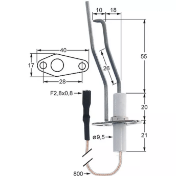 Horeca Parts - Długość kołnierza elektrody zapłonowej 40mm Szerokość kołnierza 17mm D1 ø 9,5mm L1 55mm L2 18mm - Piec gazowy Zanussi (3020246)