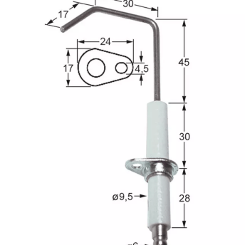 Horeca Parts - Długość kołnierza elektrody zapłonowej 24mm szerokość kołnierza 17mm D1 ø 9,5mm L1 45mm L2 30mm - Patelnia pochylna Zanussi (3020306)