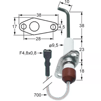 Horeca Parts - Długość kołnierza elektrody zapłonowej 38mm Szerokość kołnierza 17mm D1 ø 9,5mm L1 38mm L2 10mm - Piec konwekcyjny Zanussi (4005920)