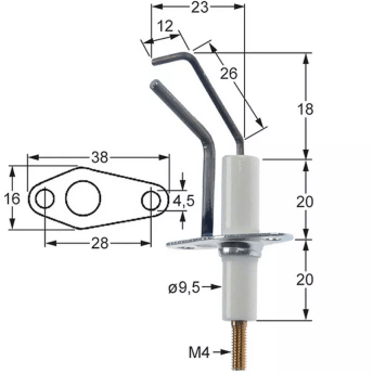 Horeca Parts - Elektroda zapłonowa L1 18mm L2 23mm L3 12mm L4 26mm z przyłączem kołnierzowym M4 D1 ø 9,5mm - Taboret gazowy Mkn (5051889)
