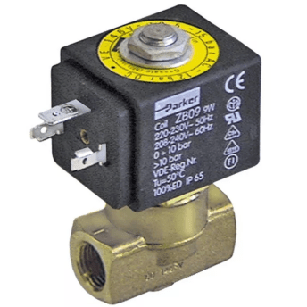 Horeca Parts - Elektrozawór 2-drogowy, 230VAC, przyłącze 1/4", dł. 40mm, DN 3mm, konektor wsuwany DIN - Parker