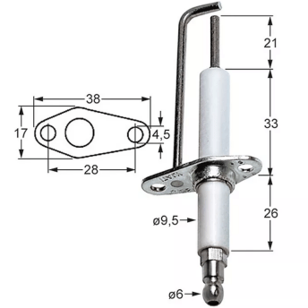 Horeca Parts - Elektroda zapłonowa L1 21mm z kołnierzem D1 ø 9,5mm długość kołnierza 38mm szerokość kołnierza 17mm - Piec konwekcyjny Zanussi (102362)