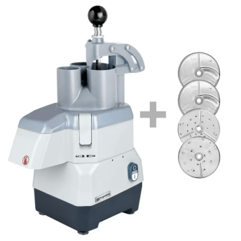 Horeca Parts - Elektryczna kompaktowa krajalnica do warzyw - 735 W - włącznie z 4 tarczami do krojenia/tarcia - pokrywa na zawiasach - GGM Gastro (GEA4K)