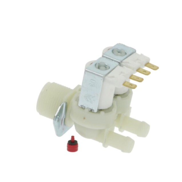 Horeca Parts - Elektrozawór 2-drożny prosty 220/240V 50/60Hz - max. temperatura 90°C wlot 3/4" - dwa wyloty ø 10,5 mm 1 wylot z czerwonym regulatorem 0,25 l/min - zmywarki gastronomiczne Zanussi