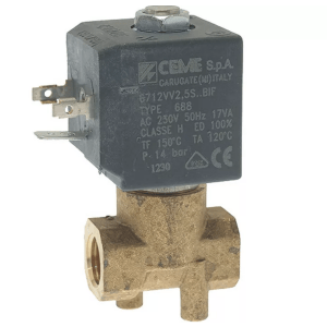 Horeca Parts - Elektrozawór 2-drogowy 1/4"F 230V 17VA FKM uszczelka, otwór 2.5 mm, ciśnienie do 14 bar, temp. -10°C do +140°C - Ceme
