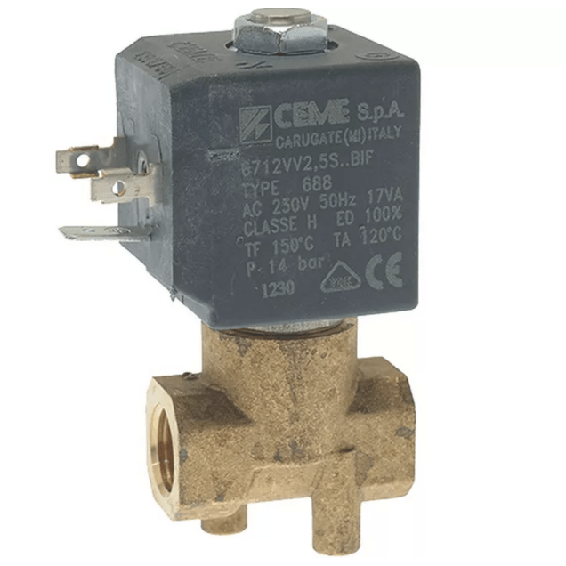 Horeca Parts - Elektrozawór 2-drogowy 1/4"F 230V 17VA FKM uszczelka, otwór 2.5 mm, ciśnienie do 14 bar, temp. -10°C do +140°C - Ceme