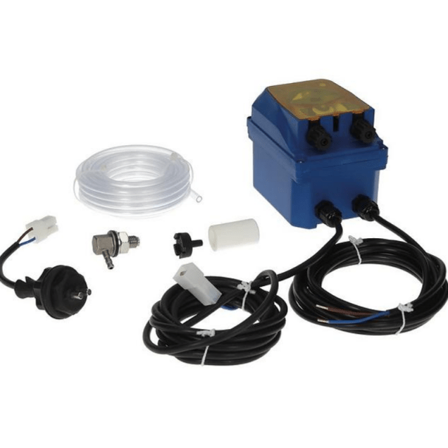 Horeca Parts - Pompa dozująca 230V 50/60Hz 5W, wydajność 6 L/h, ciśnienie 0,1 bar, przyłącza z nakrętką do węża Ø 4×6 mm, wąż Santoprene, komplet montażowy, z sondą przewodności