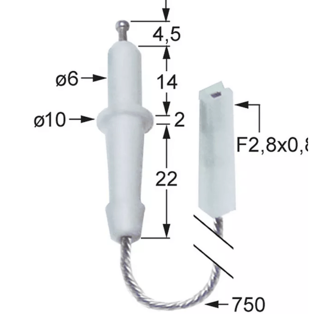 Horeca Parts - Elektroda zapłonowa L1 4,5mm przyłącze F 2,8x0,8mm długość przewodu 750mm D1 ø 6mm D2 ø 10mm BL1 14mm - Kuchnia elektryczna Emmepi (3020305)