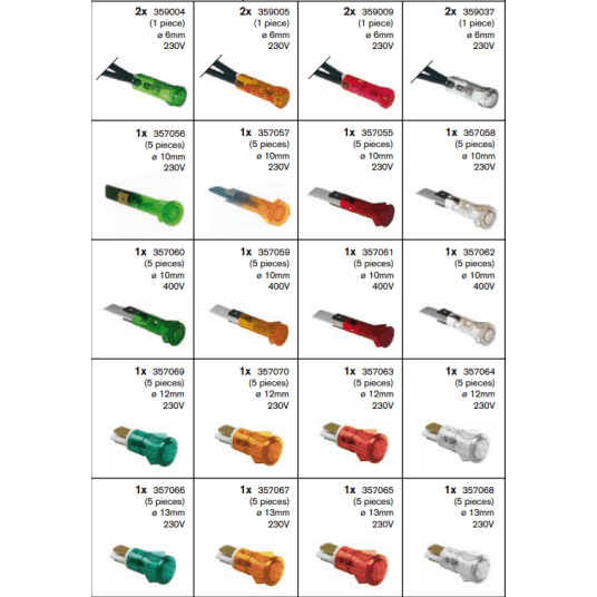 Horeca Parts - Skrzynka asortymentowa lampek kontrolnych Ø6–13 mm, 230 V (Ø10 mm 400 V), mix kolorów - komplet